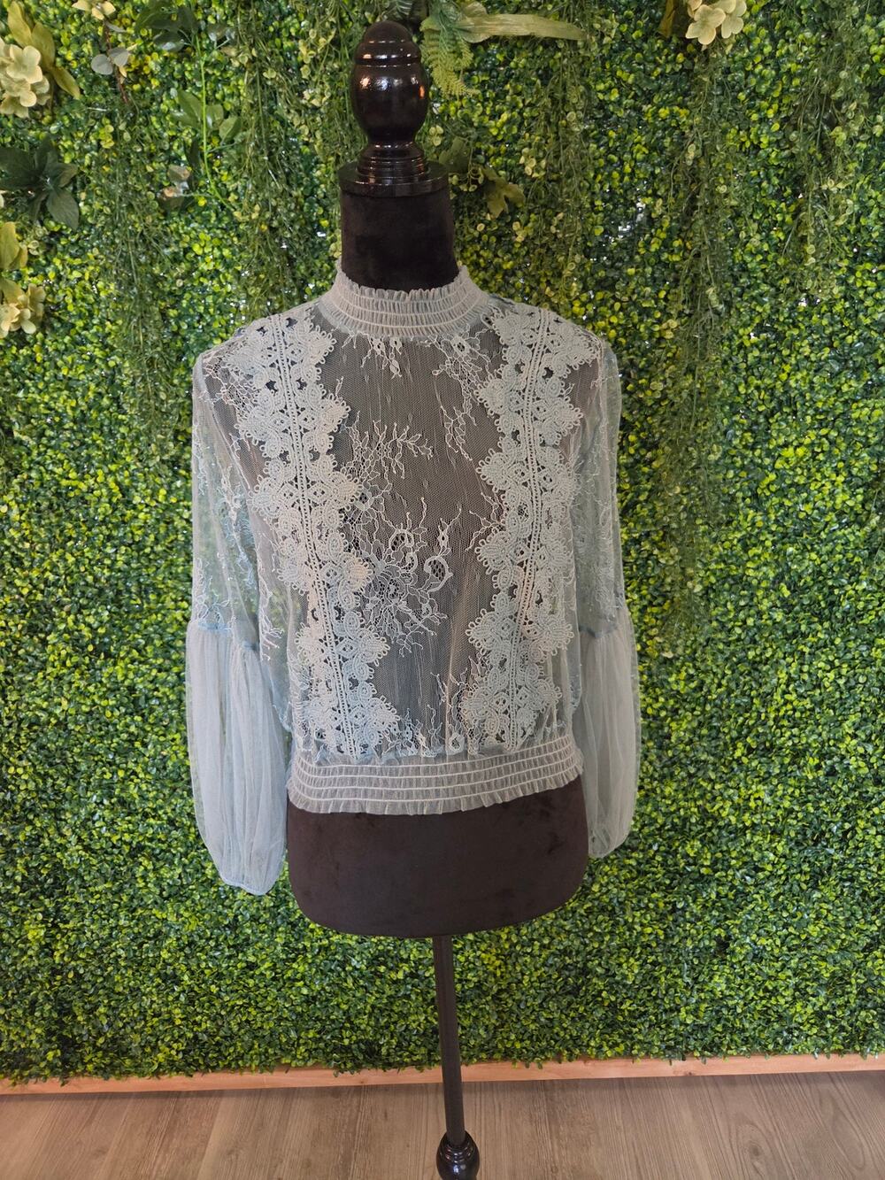 A.Peach, Blue Sheer Lace Blouse Top, Small